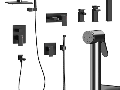 Modern Black Shower System With Rainfall Head Handheld Sprayer And Control Knobs 3d model