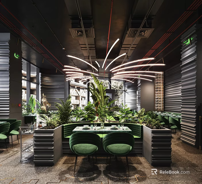Stylish Restaurant Interior With Green Chairs Lush Plants And Modern Lighting 3d model 