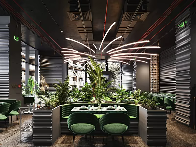 Stylish Restaurant Interior With Green Chairs Lush Plants And Modern Lighting 3d model