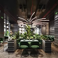 Stylish Restaurant Interior With Green Chairs Lush Plants And Modern Lighting