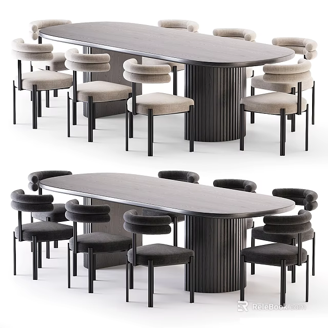 Modern Rectangular Wooden Dining Table Set With Upholstered Chairs And Neutral Tones 3d model 