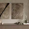 Two Tree Ring Pattern Paintings On Wall With Shelf Vase Books And Decorative Items 3d model