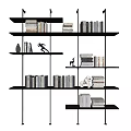 Modern Black Shelving Unit With Stacked Books And Decorative Figurines