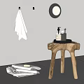 Stylish Bathroom Accessories With White Towel Round Mirror Wooden Stool Black Tray And Bath Products