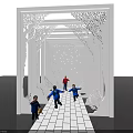 Event Entrance With Tree Decorations Blue Orange Lighting And Children Running On White Brick Path