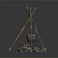 Outdoor Tripod Cooking Setup With Metal Bucket Stone Circle And Fire Water