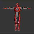 Red And White Superhero Character In Futuristic Costume With Blue Circular Emblem And Extended Arms