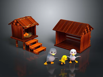 Wooden Small Houses With Steps Pumpkin And Open Style Featuring Gray Yellow White Cartoon Birds 3d model