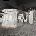 Bridal Shop Interior Featuring Circular Display With White Wedding Dresses Transparent Partitions And Chandeliers
