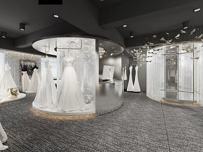 Bridal Shop Interior Featuring Circular Display With White Wedding Dresses Transparent Partitions And Chandeliers 3d model