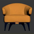 Orange Upholstered Chair With Curved Backrest Armrests And Dark Blue Legs