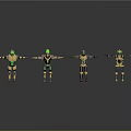 Four Yellow And Green Robot Characters With Black Details Standing Arms Extended Gray Background