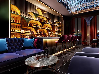 Luxury Bar Interior With Wine Racks Bar Counter Purple Sofas And Bar Stools 3d model