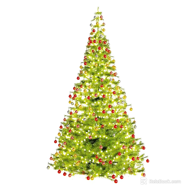 Decorated Christmas Bonsai Tree With Red Gold Ornaments And String Lights 3d model 