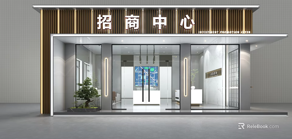 Modern Real Estate Sales Center Entrance With Glass Doors And Interior 3d model 