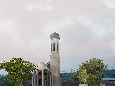 Traditional Stone Minaret Tower Surrounded By Green Trees Under Cloudy Sky With Distant View 3d model