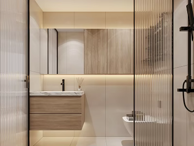 Modern Bathroom With Light Wood Vanity Marble Countertop And Glass Partition 3d model