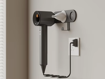 Black Hair Dryer Hanging On Wall Mount Holder Near Power Outlet 3d model