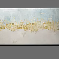 Abstract Oil Painting With Light Blue Cream White Background And Golden Square Patterns