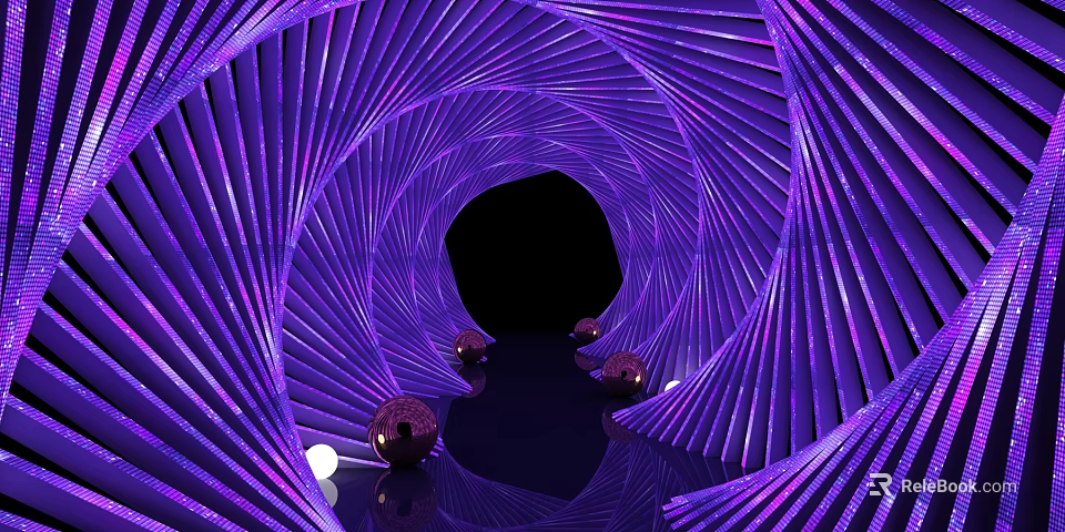 Elevator Hallway With Purple Spiral Design And Decorative Spheres On Reflective Floor 3d model 