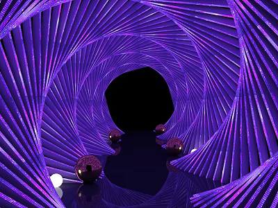 Elevator Hallway With Purple Spiral Design And Decorative Spheres On Reflective Floor 3d model