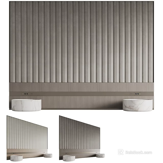 Modern Minimalist Bedroom Accent Wall With Vertical Wooden Slats And Marble Details 3d model 