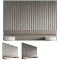 Modern Minimalist Bedroom Accent Wall With Vertical Wooden Slats And Marble Details