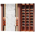Elegant Cosmetics Boutique Display Shelves with Glass Bottles Gold Accents and Marble Walls