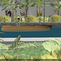 Scenic Calm Water Landscape With Person In Wooden Boat And Illuminated Palm Trees