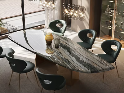 Elegant Modern Restaurant Interior With Long Marble Dining Table Green Chairs And Chandeliers 3d model