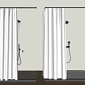 Modern Shower Room Design With White Curtains Black Fixtures And Wooden Floor