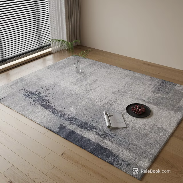 Modern Textured Square Rug On Wooden Floor Near Window With Vase Magazine And Fruit Plate 3d model 