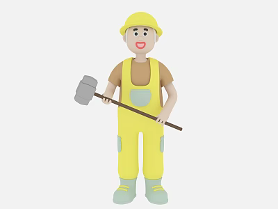 Cartoon Game And Movie Character In Yellow Overalls With Yellow Hard Hat Holding Hammer 3d model