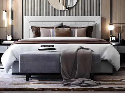 Modern Double Bed with Gray Headboard Brown Pillows Bedroom Bench Cozy Blanket and Nightstand 3d model