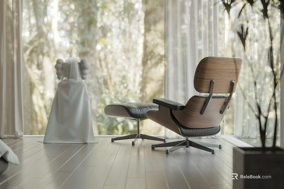 Modern Wooden Frame Leisure Chair With Leather Cushion Ottoman And Natural View 3d model 