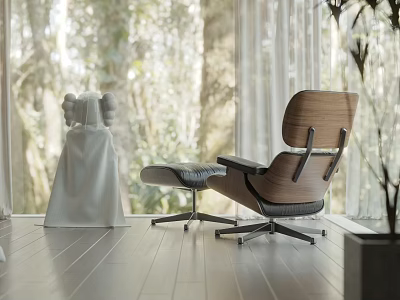 Modern Wooden Frame Leisure Chair With Leather Cushion Ottoman And Natural View 3d model