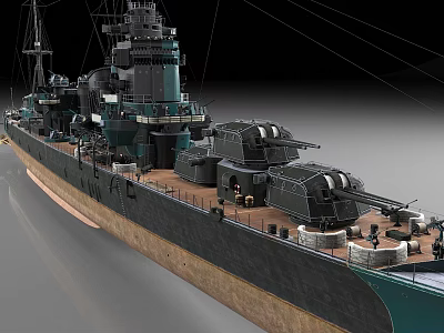 Detailed Warship Model Featuring Main Turrets Command Bridge Wooden Deck And Green Hull 3d model