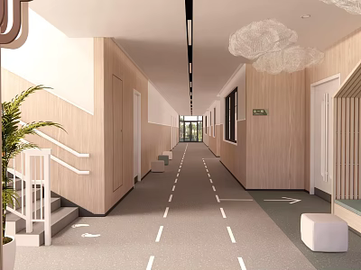 Modern Elevator Hallway With Wooden Walls Floor Lines Pendant Lights Stair Handrails And Green Plants 3d model