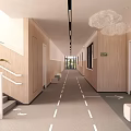 Modern Elevator Hallway With Wooden Walls Floor Lines Pendant Lights Stair Handrails And Green Plants