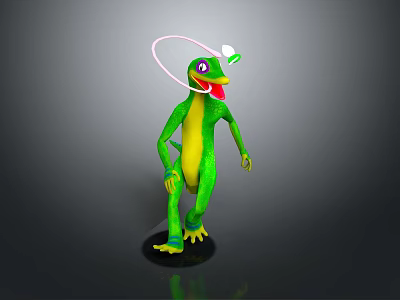 Green Reptile Figure With Yellow Belly Pink Halo And Open Mouth On Black Base 3d model