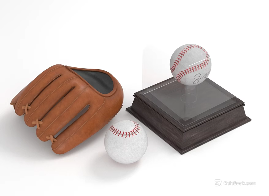 Brown Leather Baseball Glove With White Red Stitched Balls And Wooden Display Case 3d model 