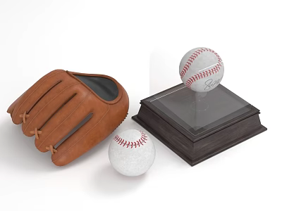 Brown Leather Baseball Glove With White Red Stitched Balls And Wooden Display Case 3d model