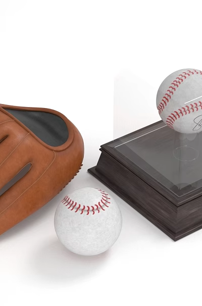 Brown Leather Baseball Glove With White Red Stitched Balls And Wooden Display Case 3d model