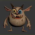 Spotted Cartoon Monster Character With Horns Big Ears Yellow And Blue Eyes