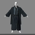 Men's Traditional Black Kimono Style Robe with Wide Sleeves Obi Belt and Pleated Hem