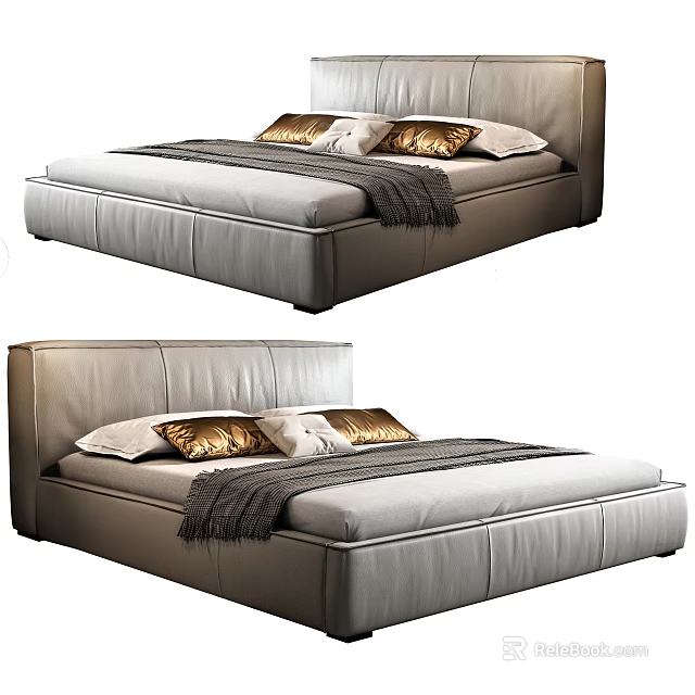 Modern Gray Leather Double Bed With Gold Pillows And Gray Blanket 3d model