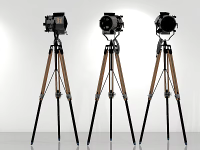 Three Vintage Tripod Mounted Cameras With Wooden And Metal Legs Studio 3d model