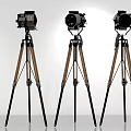 Three Vintage Tripod Mounted Cameras With Wooden And Metal Legs Studio