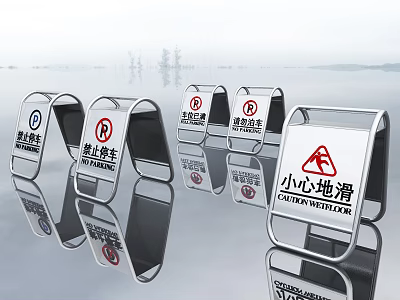 Reflective Metal Traffic Signs With No Parking Caution Wet Floor Messages 3d model