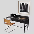 Modern Desk Setup With Black Top Wooden Chair Table Lamp And Abstract Wall Art